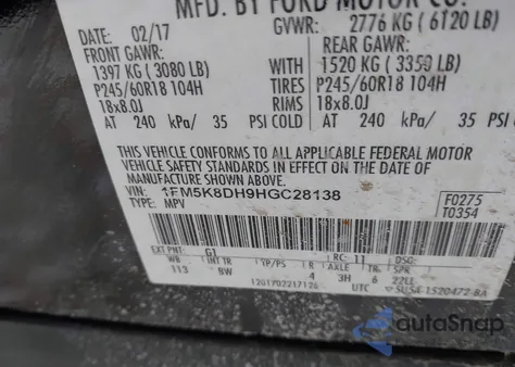 2017 Ford Explorer Xlt из США, поврежденный, VIN 1FM5K8DH9HGC28138